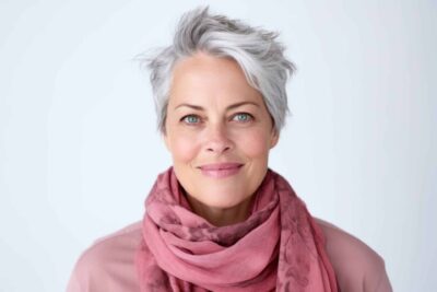A woman with grey hair wearing a pink scarf.