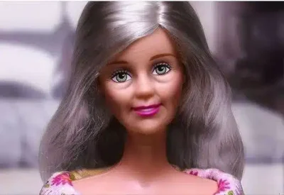 A close up of a barbie doll 's face