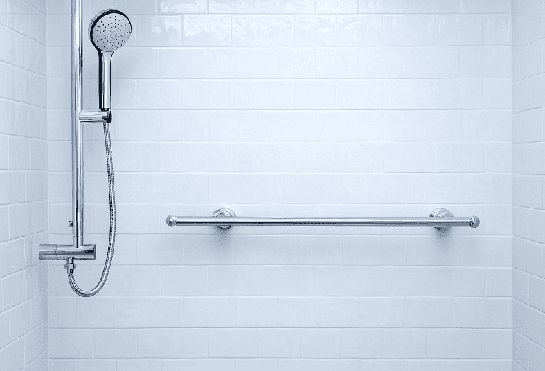 Handheld showerhead and grab bar on tiles