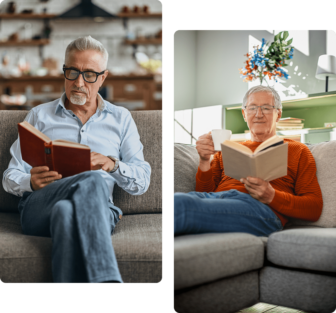 Two men relaxing with books at home